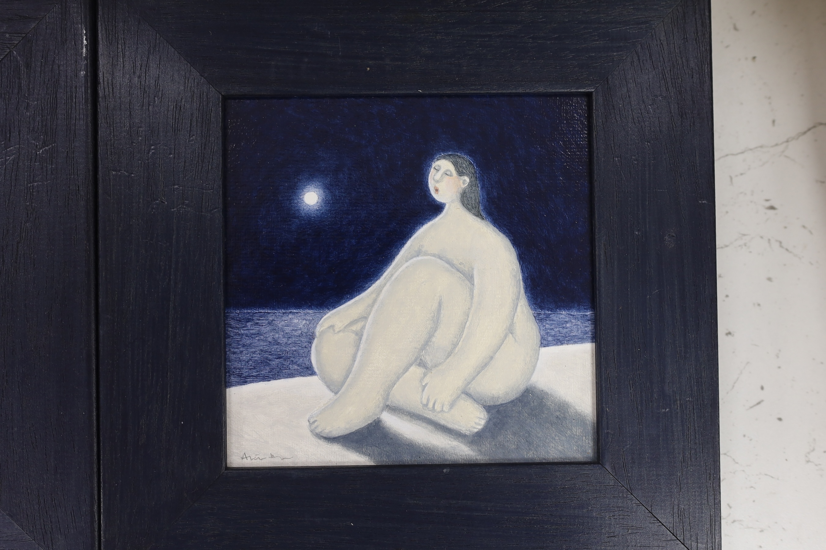 Aliisa Hyslop (b.1957), pair of contemporary acrylics on board, Moonlit landscapes with seated nude figures, signed, 13.5 x 13.5cm